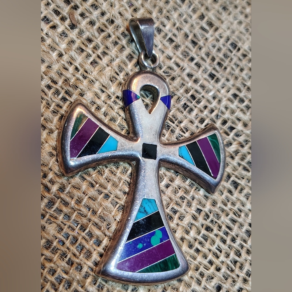 🩶925 Sterling Silver Egyptian Ankh w/ Stone Inlay 925  CII Mexico